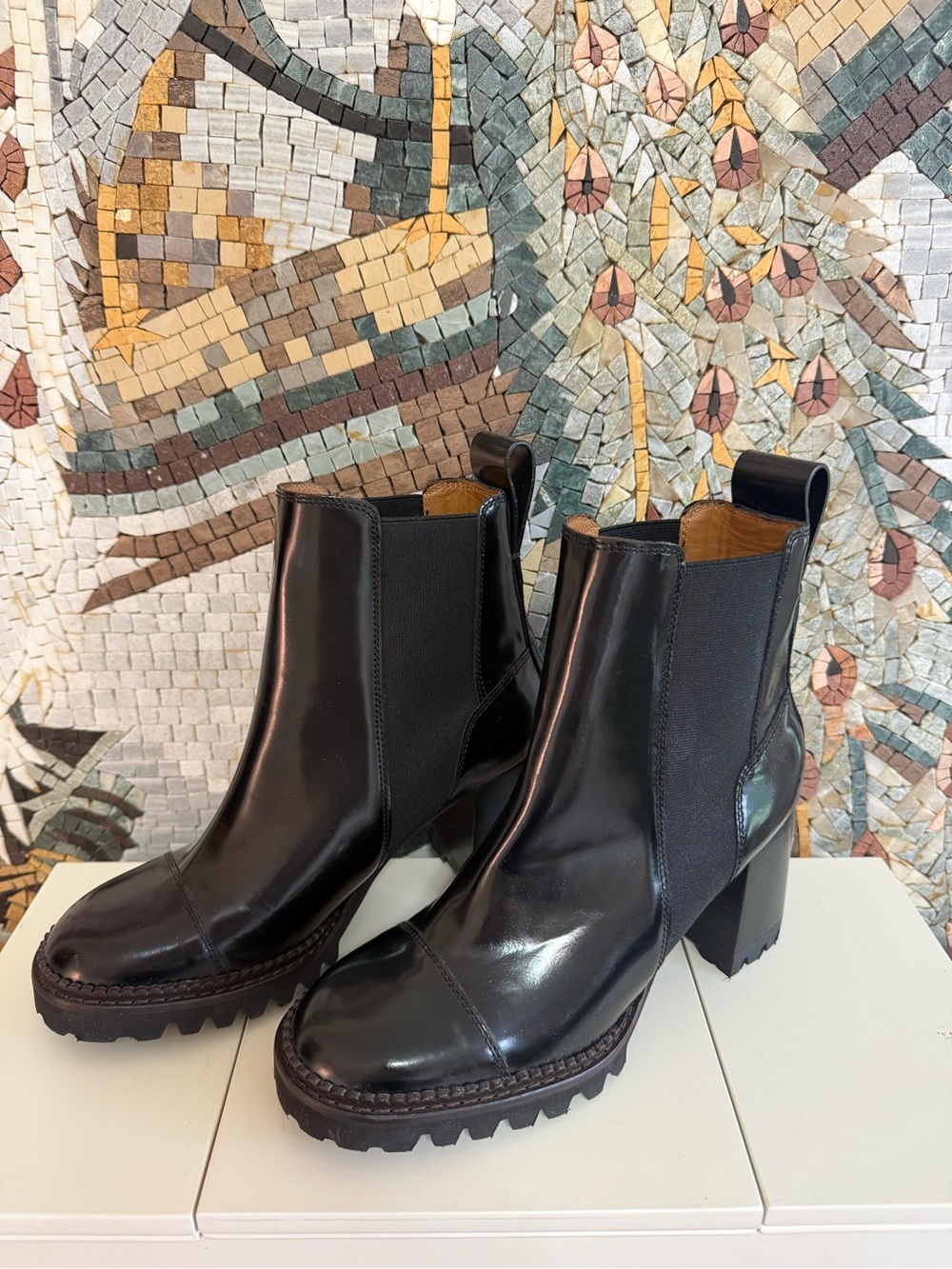 See By Chloe Black Leather Chelsea Lug-Heel Booties